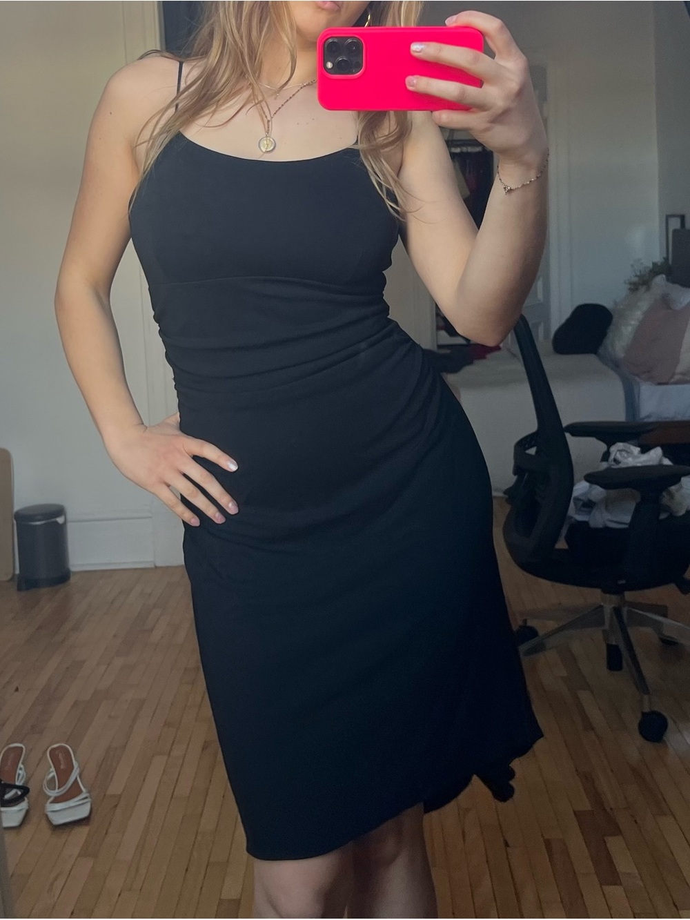 Sleek Black Midi Slip Dress with Spaghetti Straps